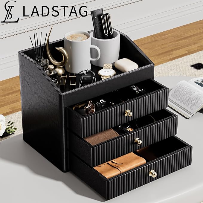 LADSTAG Desk Organizers and Accessories,Black Vegan Leather Desktop Organizer with 3 Drawers & Tray for Bedroom,Bathroom,Lipstick,Nail Polish,Skincare,Perfume,Jewelry Box