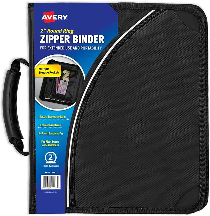 Avery® Zipper 3 Ring Binder, 2" Round Rings, 1 Black Binder | For School and Office On-The-Go, Durable Polyester Cover, Secure Zip Closure, Exterior Pocket, Laptop and Tablet Storage