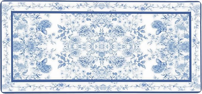 Floral Aesthetic Dahlia Gaming Mouse Pad, White Blue Rug Desk Mat with Anti-Slip Base & Stitched Edges,35.4" x 15.7" in Desk Accessories for Women, Home Office Decor & Artistic Gift