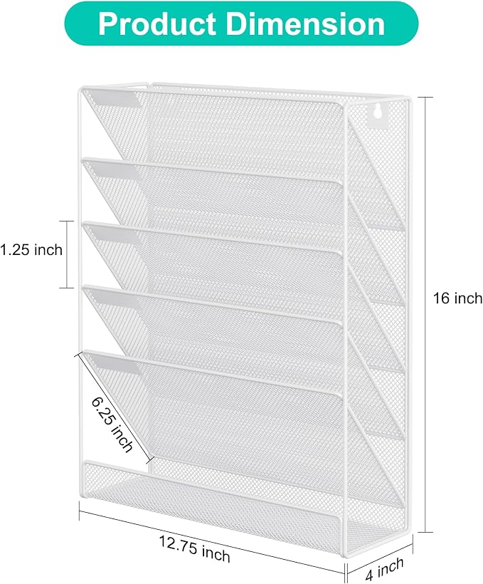 EasyPAG 5 Tier Wall File Holder, Mesh Hanging Folder Organizer with Classify Label, Versatile Desk File Holder, Vertical Wall Mounted Mail Organizer for Office Home Cubicle, White