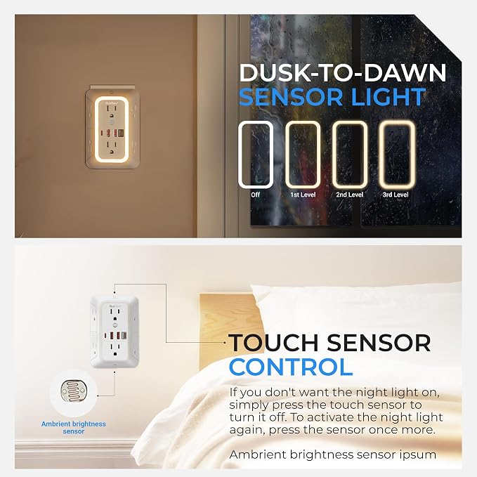 Surge Protector Outlet Extender, 6 Outlets & 4 USB Ports with Fast Charging Type C PD 20W, Night Light, 3-Sided Power Strip, Multi Plug Wall Charger for Home, Office, Travel, Cruise Ship