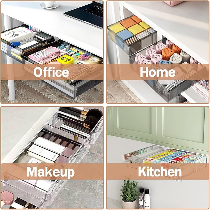 SVNNELP Under Desk Table Drawer Storage Organizer,2 Pack Large & Medium Slide Out Desk Drawers - Hidden Desktop Organizer,Attachable Pencil Storage Tray Under Table(ML)