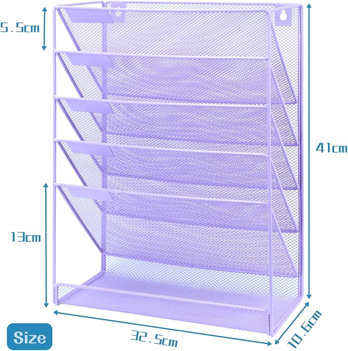 5 Pockets Mesh Wall File Holder Organizer with Bottom Flat Tray, Office Hanging File Folder Magazine Rack, Nametag Label Hooks Set Included, Purple