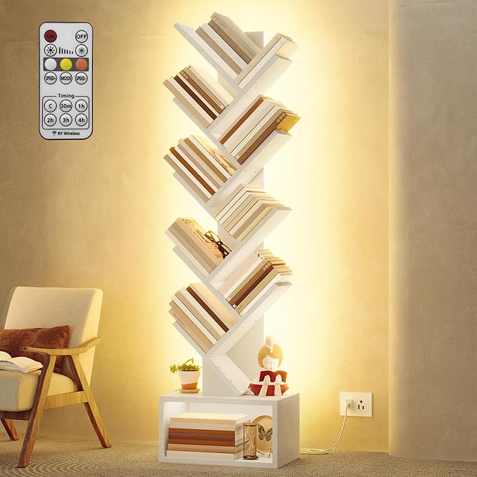 Hoctieon 9 Tier Tree Bookshelf, Tall Bookcase, Freestanding Book Shelf with LED Lights, Display Floor Standing Storage Shelf, Book Organizer Shelves for Home Office, Living Room, White