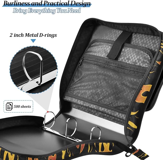 Yellow Orange Fire Flames 3 Ring Binder Bag 1.5 inch Binder Organizer with Zipper Shoulder Strap 500 Sheet Documents Storage for School Office