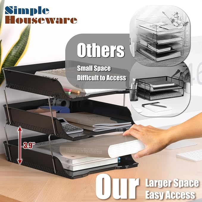 Simple Houseware 3-Tier Stackable Paper Tray for Desk Organizer, Black | Desktop File Holder for A4/Letter Size Documents, File Sorter, Paper Holder, Office File & Accessories Storage