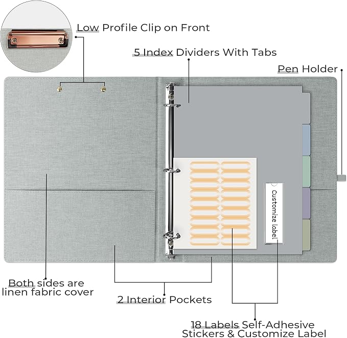 EYROZILL 3 Ring Binder, 1 Inch Linen Binder Organizer for Letter Size (8.5" x 11") with 5 Tab Dividers, File Folder Labels and Low Profile Clipboards, School and Office Supplies- Grey Rose