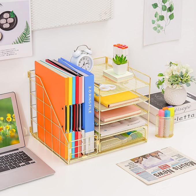 Marbrasse Desk Organizer with File Holder, 5-Tier Paper Letter Tray Organizer with Drawer and 2 Pen Holder, Mesh Desktop Organizer and Storage with Magazine Holder for Office Supplies (Gold 2p)