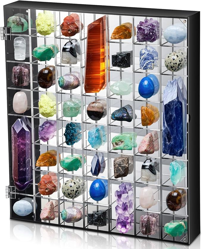 Cinnvoice Rock Display Case 56 Grids,Black Border,Square | Adjustable Acrylic Display Case, Crystal Organizer for Collectible, with Built-in Mirrored, Magnetic Door, Wall Mount