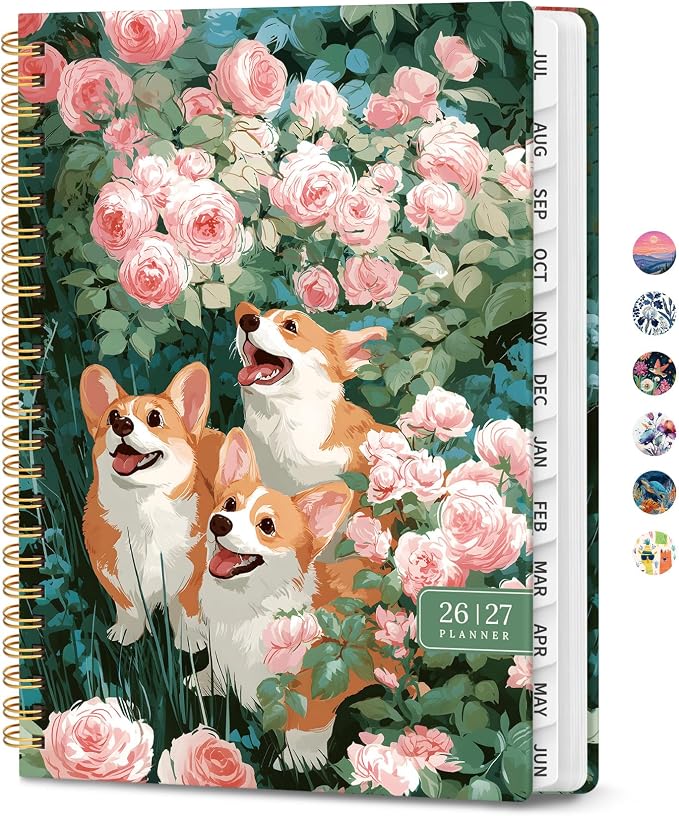 Planner 2026-2027, Academic Year Monthly & Weekly Planner Caledndar, July 2026 - June 2027, Hardcover Large Planning Agenda Book with Tabs for School Office Supplies, 8.5" x 11" - Corgi Reverie