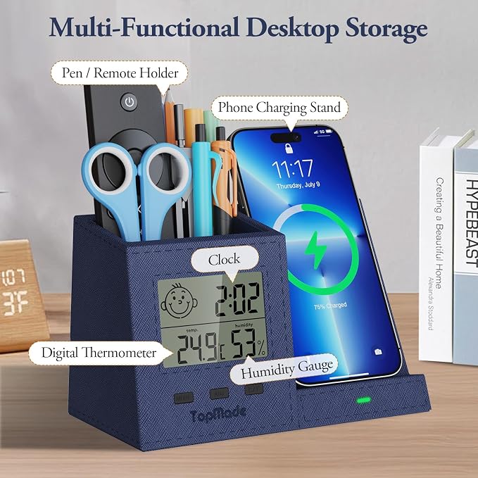 TopMade Wireless Charger with Pen Holder, PU Leather Desk Nightstand Organizer Fast Charging Station, Home Office Supplies Pencil Holder, Digital Thermometer and Humidity Gauge, Gifts for Men(Blue)