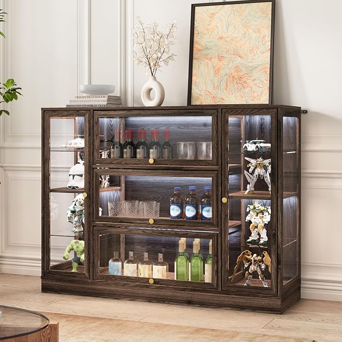 Display Cabinet with Acrylic Glass Doors,Extra Wide Curio Cabinet with LED Lighting for Collectibles, Collectibles Toy Organizers Rack & Display Shelf Display Case, Walnut