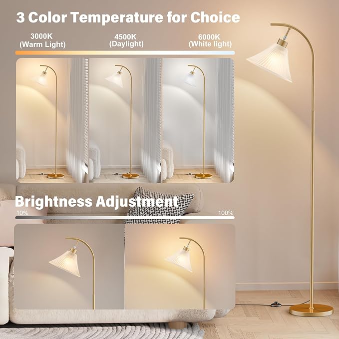 Gold Floor Lamp with Remote, Dimmable Glass Arc Standing Lamp, Ribbed Frosted Glass Shade, 3 Color Temperatures, Foot Switch, 9W LED Bulb for Living Room Bedroom Office