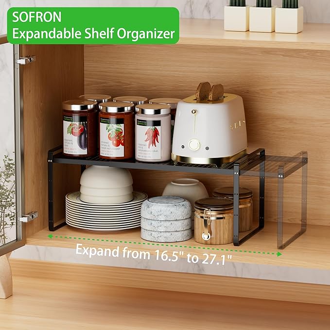 SOFRON Expandable Cabinet Storage Shelf Stackable Organizer Rack for Kitchen Bathroom Pantry Spice Cupboard Coffee Countertop Home Office Desk Heavy Duty Nonslip Black Small 2 Packs