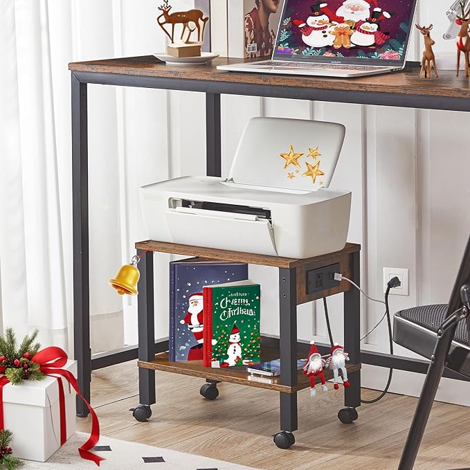 HOOBRO 2-Tier Printer Stand with Charging Station, Under Desk Printer Table, Printer Cart with Storage Shelves, Shelf for Small Spaces, for Home Office, Rustic Brown and Black BF38UPS01
