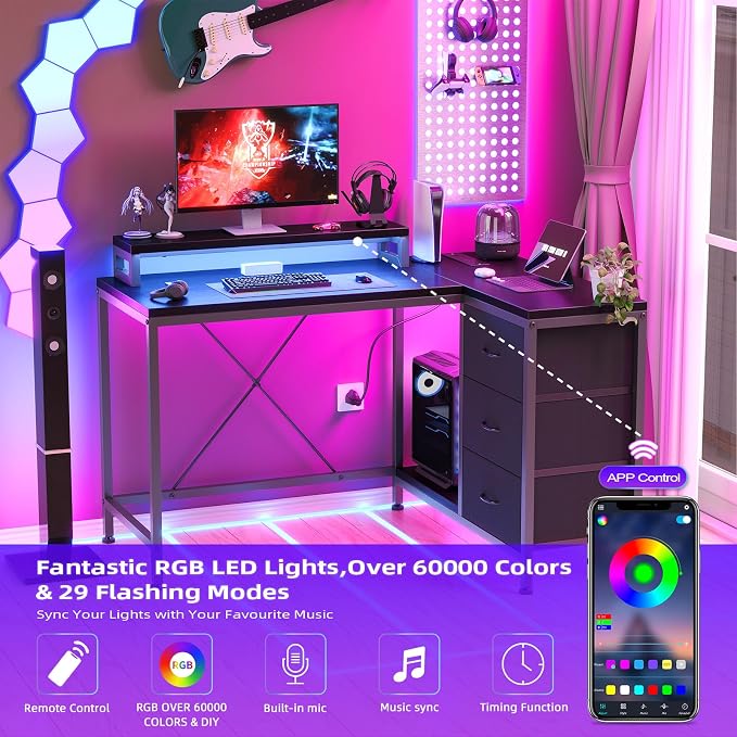 Garvee L-Shaped Computer Desk with Power Outlets & LED Lights - 43-Inch Reversible Corner Gaming Desk with 3 Drawers, Storage Shelves & Removable Monitor Stand, Modern Home Office Desk