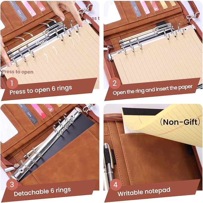 A5 Binder 6 Ring with Zipper, Portable Planner for Travel & Study | Faux leather A5 planner with detachable 6 rings, lined pages, pouches, card slots and pen holder for daily use.