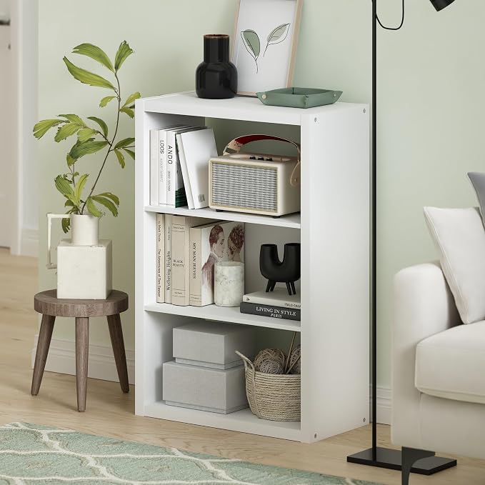 Furinno Viola Book Shelf, 3-Tier Bookshelf, Extra Thick Frame Bookcase with Open Shelf, Open Back Design, 11.3" x 23.2" x 35.9", for Living Room, Bedroom, Home Office, White