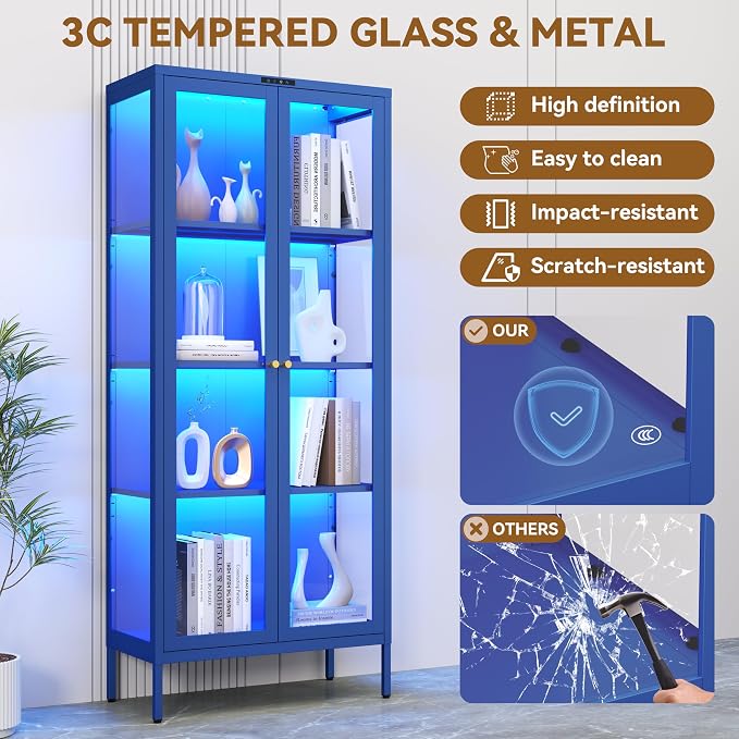 Polup 66" Blue Glass Display Cabinet with 8-Color LED for Collectibles | Metal Frame & Tempered Glass Doors, 3 Adjustable Shelves, Motion Sensor LED,4-Tier Space, for Indoor Plants & Figures