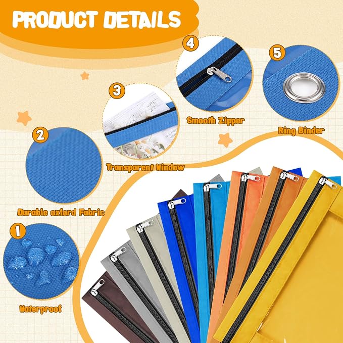 Leinuosen 64 Pack Pencil Pouch Bulk for 3 Ring Binder, Pencil Case with Black Zipper and Clear Window, Assorted Colored Storage Bags for Office, Back to School Classroom Supplies