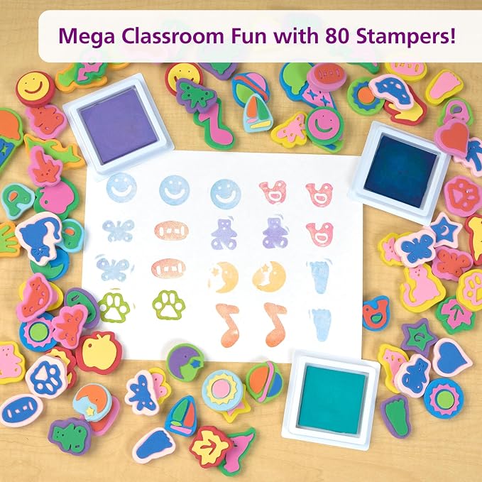 Colorations Super Stamper Mega Pack, 80 Stamps, 25 Designs | Ages 4+, PreK+, Variety Pack for Kids' Arts, Crafts and Creative Projects