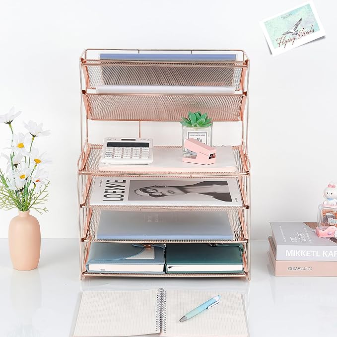 Desk Organizer, 6-Tier Paper Organizer Letter Tray, Rose Gold | Desk Organizers and Accessories, Office Desk Accessories & Workspace Organizers, Desktop File Organizer for Office Supplies