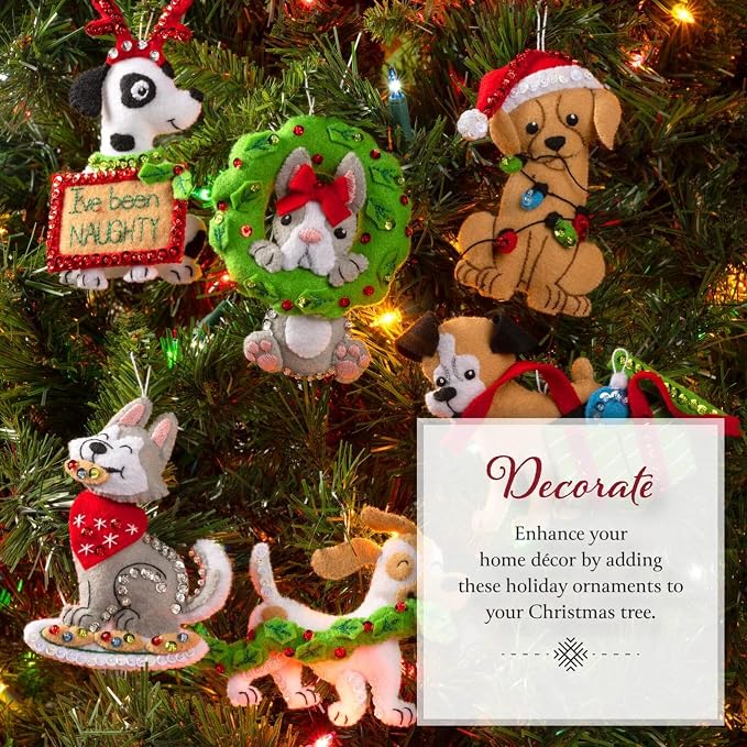 Bucilla Felt Applique 6 Piece Ornament Making Kit, Mischievous Puppies, Perfect for Holiday DIY Arts and Crafts, 89642E