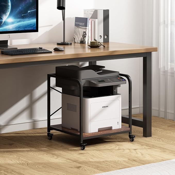 Fannova Large Size Under Desk Printer Stand, Height Adjustable Top Shelf | Table Top 20"x20", Fits 3D/Laser Printer, Heavy Duty Industrial Wheels, 2 Tier Rolling Cart Home Office Storage, Rustic Brown