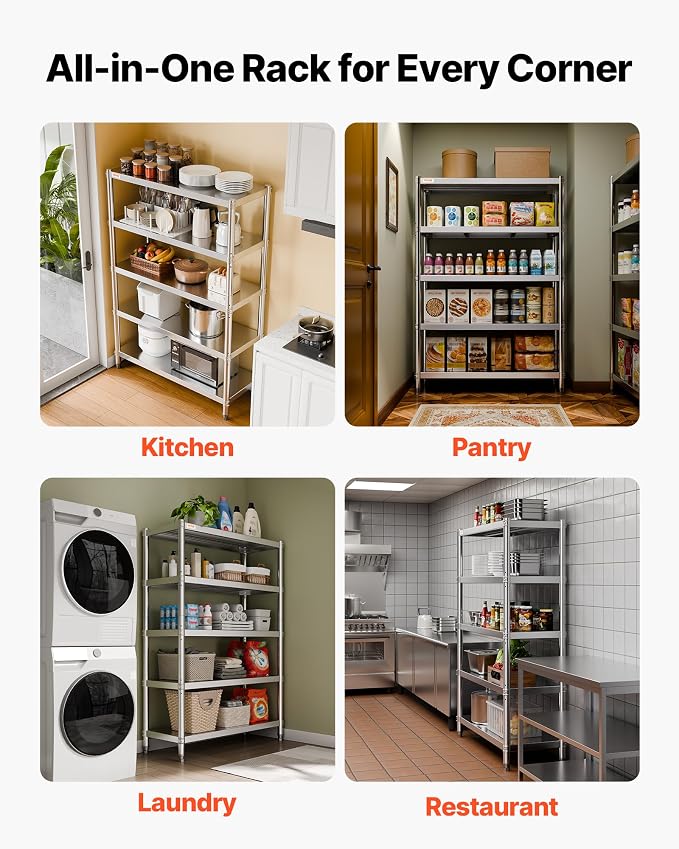VEVOR Stainless Steel Shelving 48x18.5 Inch 5 Tier Adjustable Shelf Storage Unit Stainless Steel Heavy Duty Shelving for Kitchen Commercial Office Garage Storage 330lb Per Shelf | Storage Unit for Various Spaces Load Capacity 330 lbs Per Shelf Heavy Du...