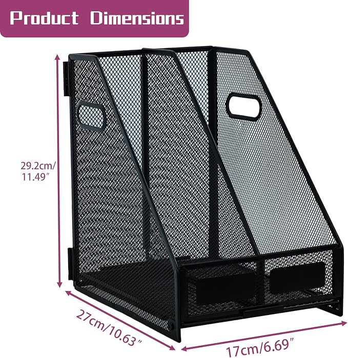 Desk Organizers, Metal Magazine File Holder with 2 Vertical Compartments Rack Binder File Organizer for Office Supplies, Home Workspace - Black