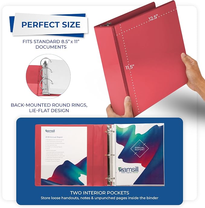 Samsill 3 Inch 3 Ring Binders, Economy Round Ring, Clear View Cover, 550 Sheet Capacity - for School, Home, Office - Red, 4 Pack