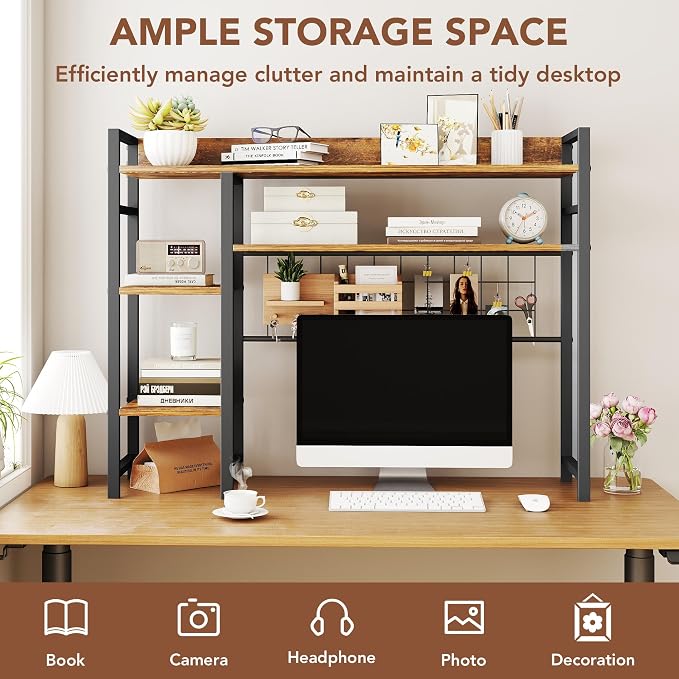 WAYTRIM Desk Shelf, Wood Desk Organizer Shelf 4 Tier Countertop Desktop Bookshelf Cubicle Storage Rack Top of Desk, Desk Hutch Dorm for Top of Desk Pegboard Hooks Set Desktop Display Rack (Brown)
