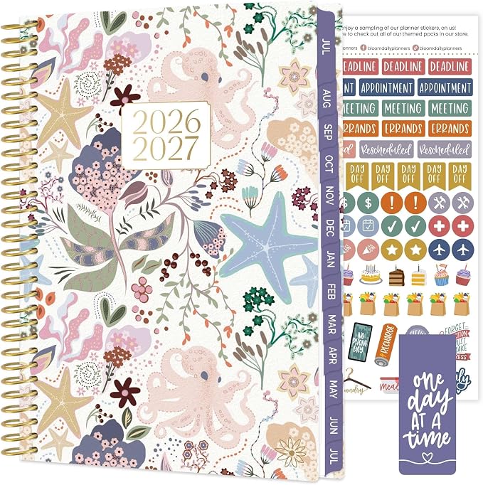 bloom daily planners 2026-2027 Planner - Academic Year (July 2026 - July 2027) Monthly & Weekly Soft Cover Planner for Women - 13 Month Calendar Agenda Book with Stickers - 5.5" x 8.25" - Seaside Whimsy