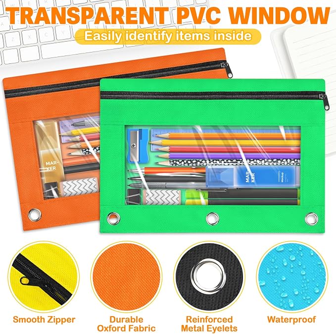 Pencil Pouch for 3 Ring Binder, 36 Packs Zipper Pencil Pouch Bulk 6 Colors | Pencil Case for Binder with Clear Window, Pencil Pouches Bulk for School Classroom, Teacher Students Supplies Bulk
