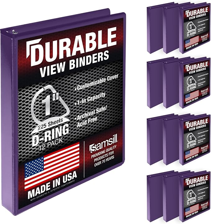 Samsill Durable 1 inch 3 Ring Binder, D Ring Binder, 100% Recycled Chipboard, Purple, 12 Pack