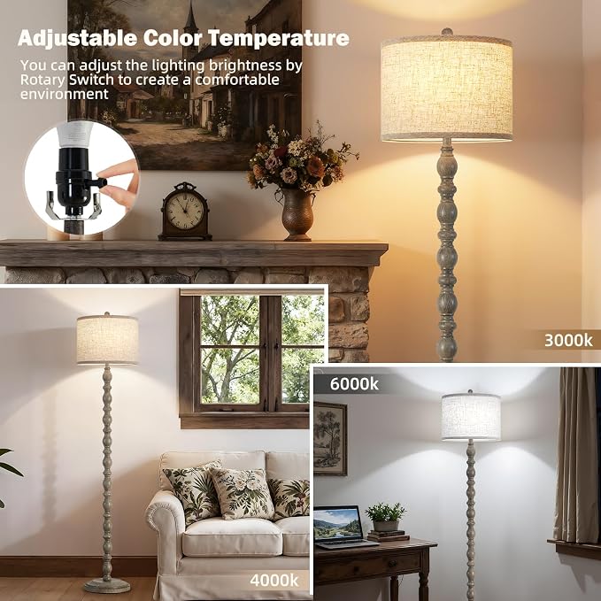 62" Floor Lamps for Living Room,3 Color Temperature Retro Standing Lamp, Vintage Farmhouse Floor Lamp with Rotary Switch, Rustic Resin Tall Lamps for Living Room, Bedroom, Office, Corner(Light Gray)