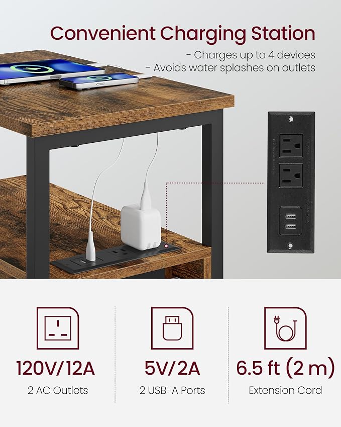 VASAGLE Side End Table with Charging Station, Slim Nightstand with 2 Drawers, Narrow Bedside Table for Living Room, Small Spaces, 18.9 x 11.8 x 24 Inches, Rustic Brown and Ink Black ULET324K101S