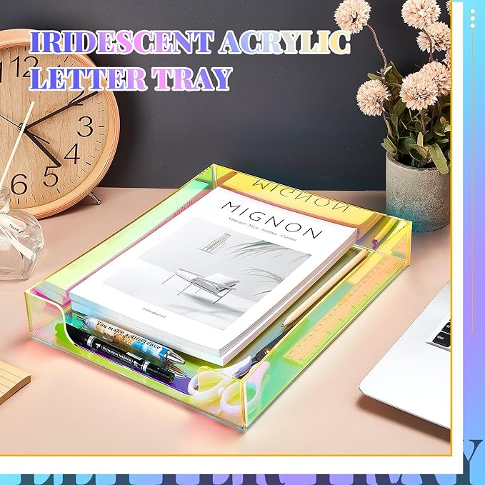 Iridescent Acrylic Letter Tray 2 Pcs 12.6 x 10.2 x 2.1'' Paper Tray Organizer Stackable Desk Supplies with Non Slip Rubber for Office Accessories Desk File Document Folder