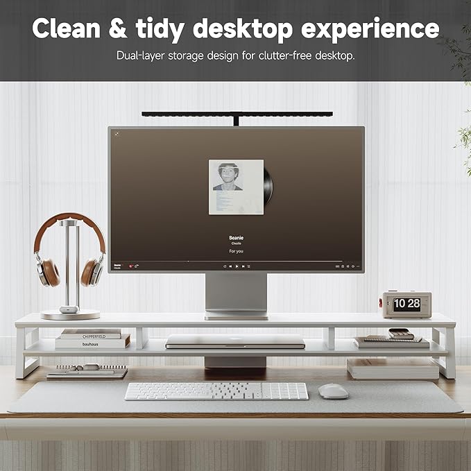 Dual Monitor Stand Riser for Desk, 41.7 Inch Large 2 Tier Computer Monitor Stand for 2 Monitors, Desktop Storage Organizer Shelf with Keyboard Space for Laptop PC Printer White