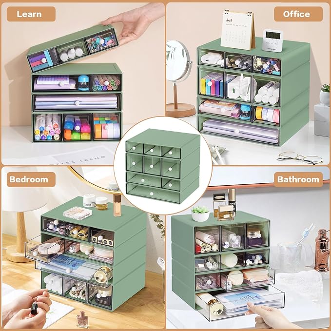 Desk Storage Organizer with 9 Drawers, 4 Tiers Stackable Desktop Craft Storage Drawers, Clear Storage Box Caddy for Stationary Makeup Jewelry Office Craft Supplies (Green)