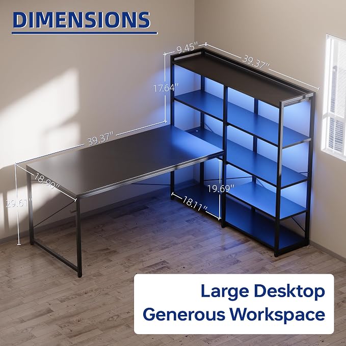 Pamray 49 Inch L Shaped Gaming Computer Desk with Shelves and Storage | Compact Reversible Design with LED Lights & Power Outlets, Suitable for Home Office Bedroom Small Spaces and Dorm Study Work
