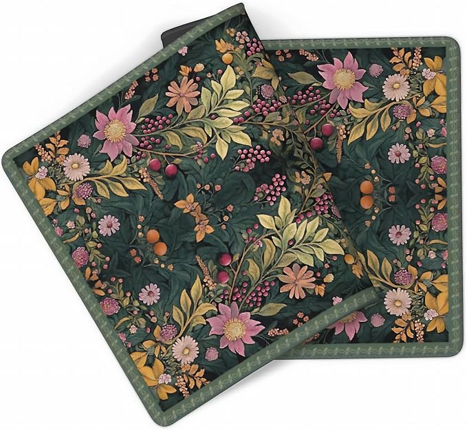 Floral Aesthetic Wildflower Gaming Mouse Pad, Forest Green Rug Desk Mat with Anti-Slip Base & Stitched Edges,35.4" x 15.7" in Desk Accessories for Women, Home Office Decor & Artistic Gift