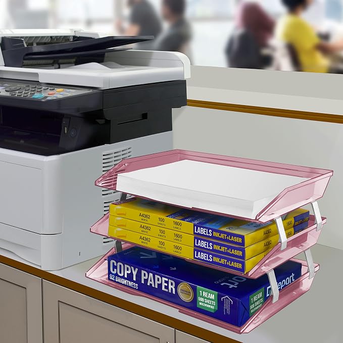 Acrimet Facility 3 Tier Letter Tray, Side Load, Letter Size/A4, Desktop File Organizer, Plastic (Clear Pink Color) | Document Tray with Aluminum Rods