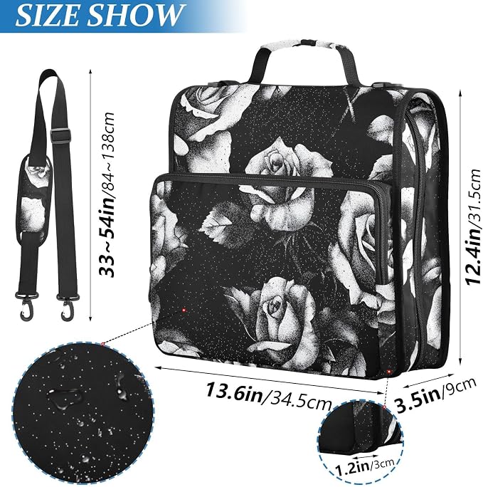 Black and White Roses 3 Ring Binder Bag 1.5 inch Binder Organizer with Zipper Shoulder Strap 500 Sheet Documents Storage for School Office