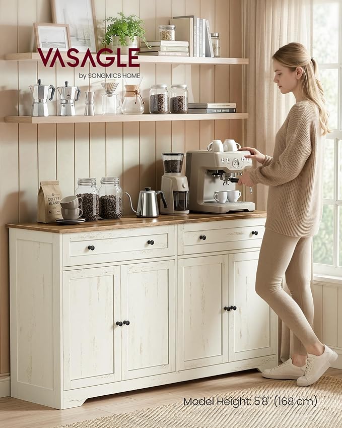 VASAGLE Siren Collection - Buffet Cabinet, Farmhouse Coffee Bar Cabinet with 2 Drawers, Adjustable Shelves, 4 Doors, Sideboard, 15.8 x 55.1 x 31.5 Inches, Rustic White and Honey Brown ULSC541WJ01S