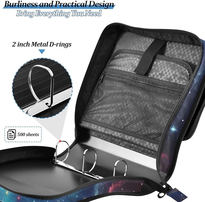 3 Ring Zipper Binder with Shoulder Strap Dragon Galaxy Purple Space 2 Inch Zippered Binder Bag 500 Sheet Capacity Multi Pockets for School Supplies