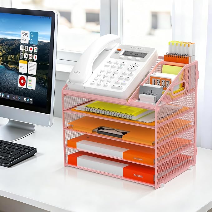 DocNest 5 Tier Metal Mesh Desk File Organizer with Phone Shelf, Pink | Desktop letter tray sorter features a 9.1x9.1 inch top phone holder, built-in sticky note compartment and pen holder