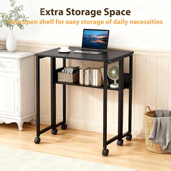 24.8" Folding Desk Rolling Desk with Storage Shelf,Space-Saving Foldable Computer Desk with Wheels,Portable Mobile Couch Sofa Side Table for Small Spaces, Home Office, Study, Easy Assembly,black