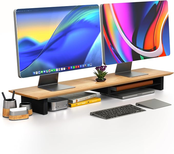 COREMINDED Solid Wood Dual Monitor Stand Riser, 42 Inch Oak Desk Shelf | Fits 2 Monitors, Sturdy & Stable Solid Wood, Under Monitor Keyboard Storage, Office Desktop Organizer, Easy Assembly, Oak