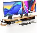 COREMINDED Solid Wood Dual Monitor Stand Riser, 42 Inch Oak Desk Shelf | Fits 2 Monitors, Sturdy & Stable Solid Wood, Under Monitor Keyboard Storage, Office Desktop Organizer, Easy Assembly, Oak